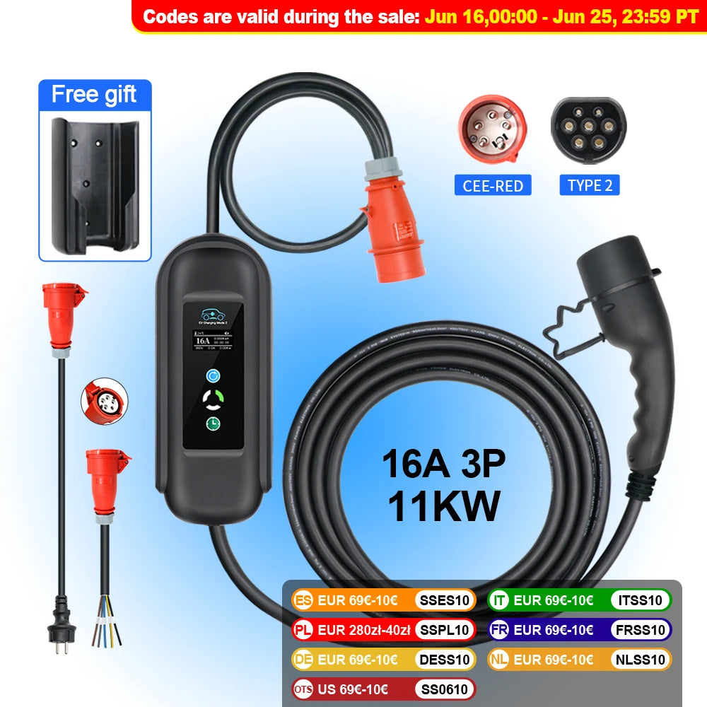 Cargador portátil Kolanky EV – Tipo 2, 16A, 11KW con temporizador y cable de 5M