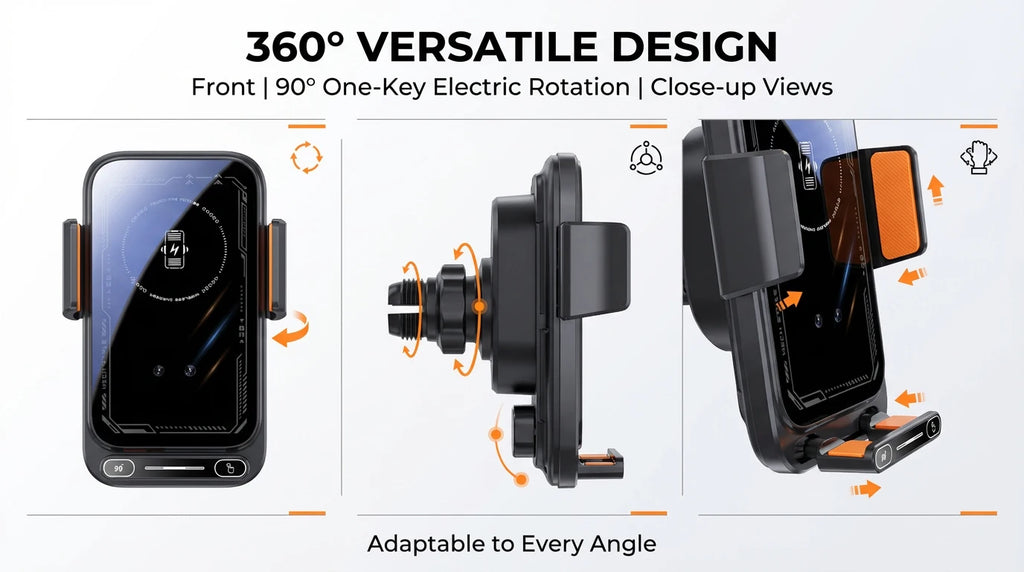 Cargador y soporte para auto – inalámbrico 15W y con cable, rotación y sensor automático