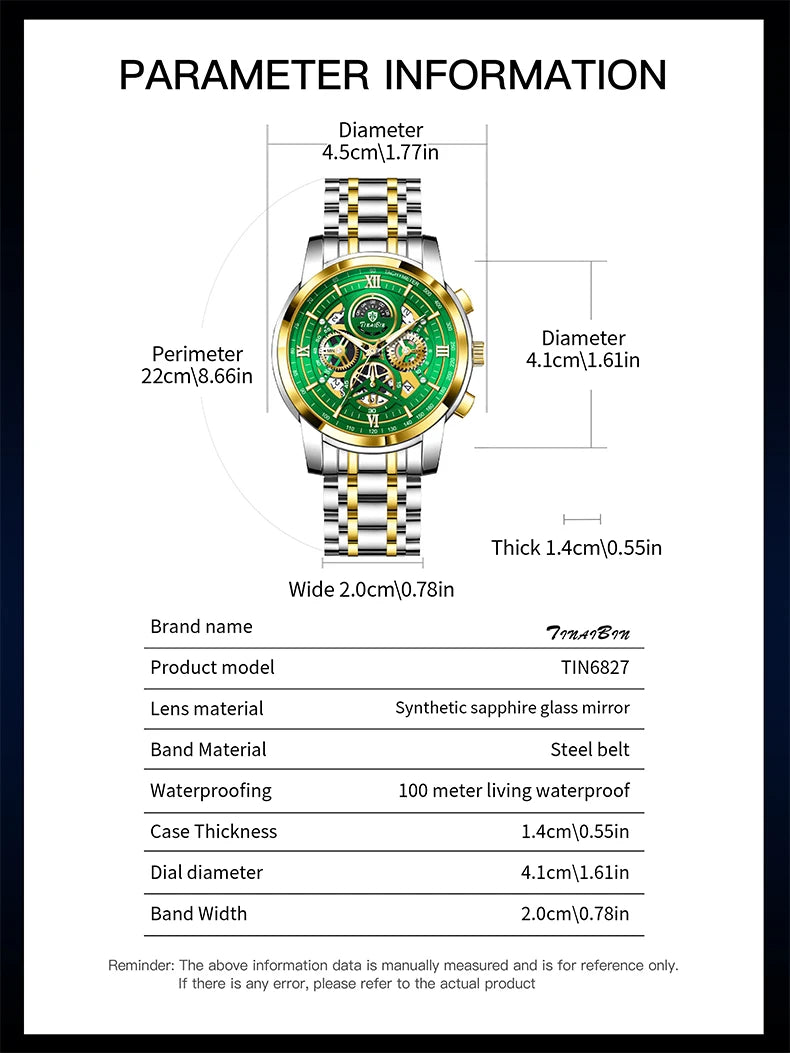 Reloj de lujo verde TINABIN – elegante, resistente al agua y para negocios