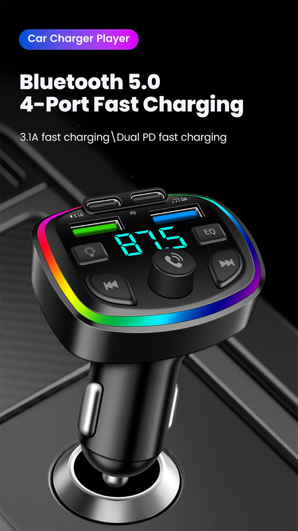 Cargador de auto inalámbrico con transmisor FM – manos libres, Bluetooth y doble puerto USB