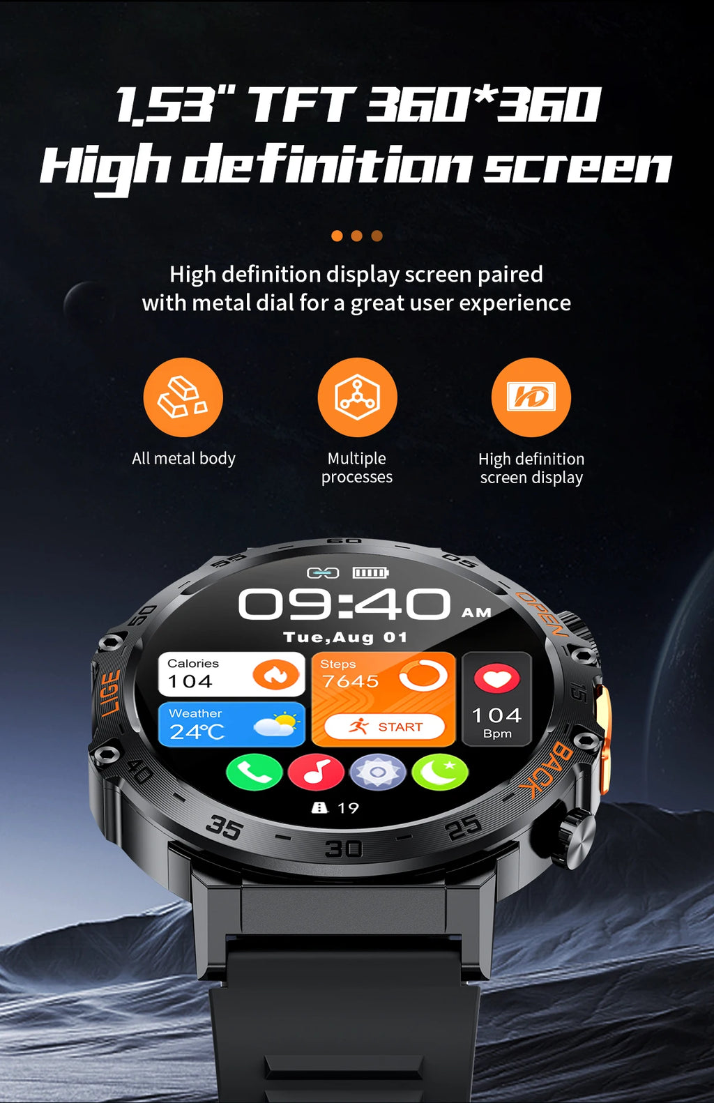 Smartwatch LIGE hombre – pantalla AMOLED HD 360*360, resistente al agua y linterna