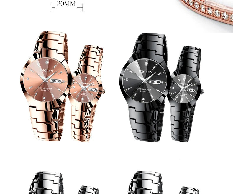 Set de relojes FNGEEN 5808 para parejas – cuarzo, lujo y resistente al agua