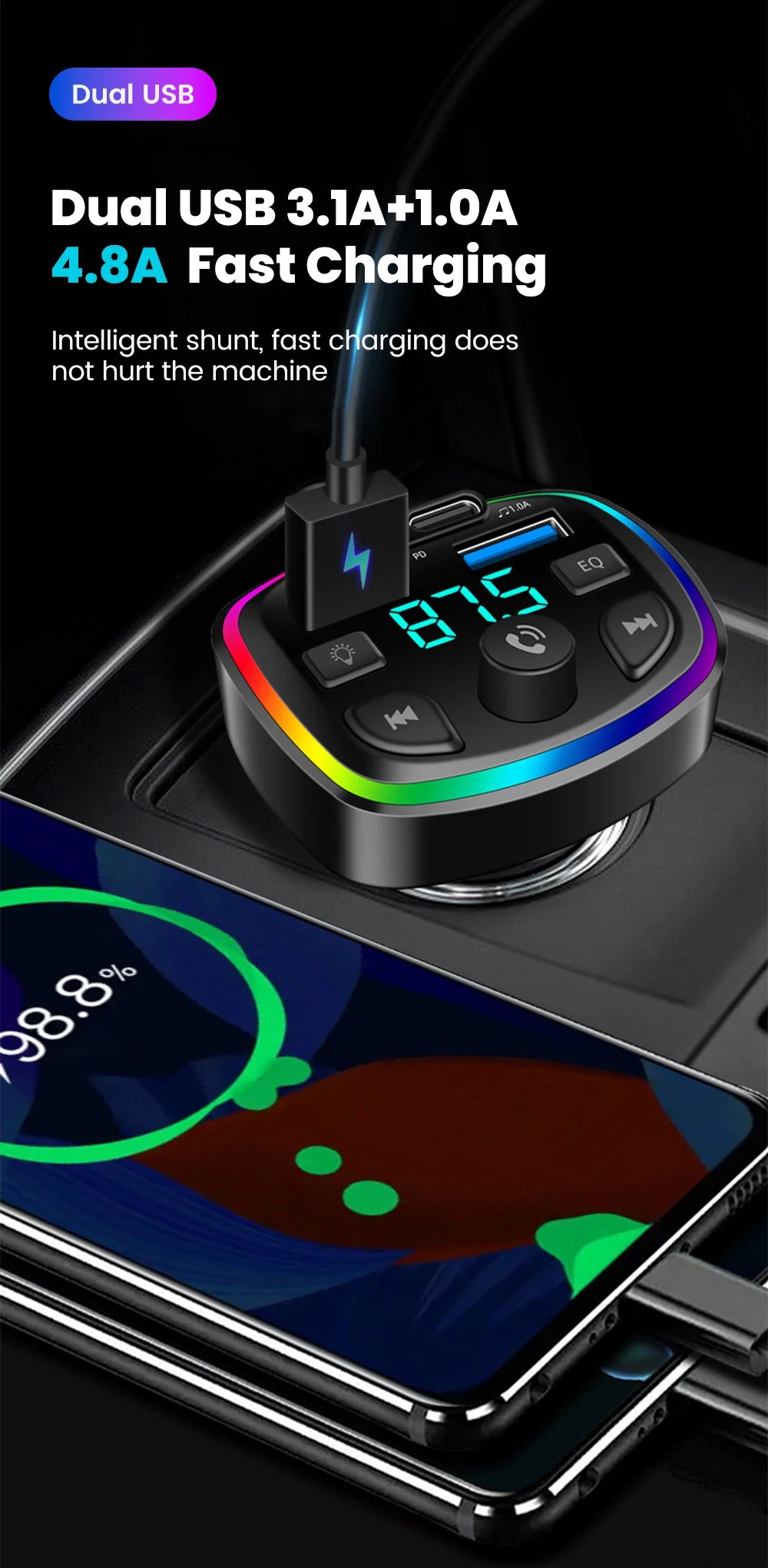 Cargador de auto inalámbrico con transmisor FM – manos libres, Bluetooth y doble puerto USB