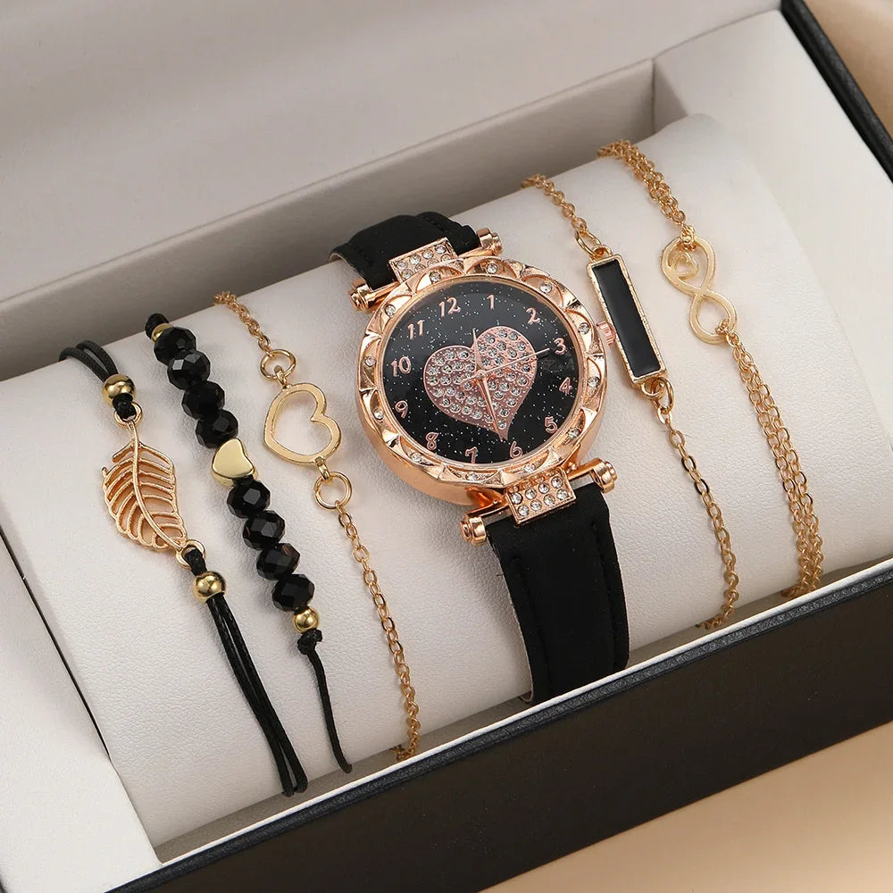Set de relojes analógicos de cuero para mujer – 6 piezas de moda con cuarzo