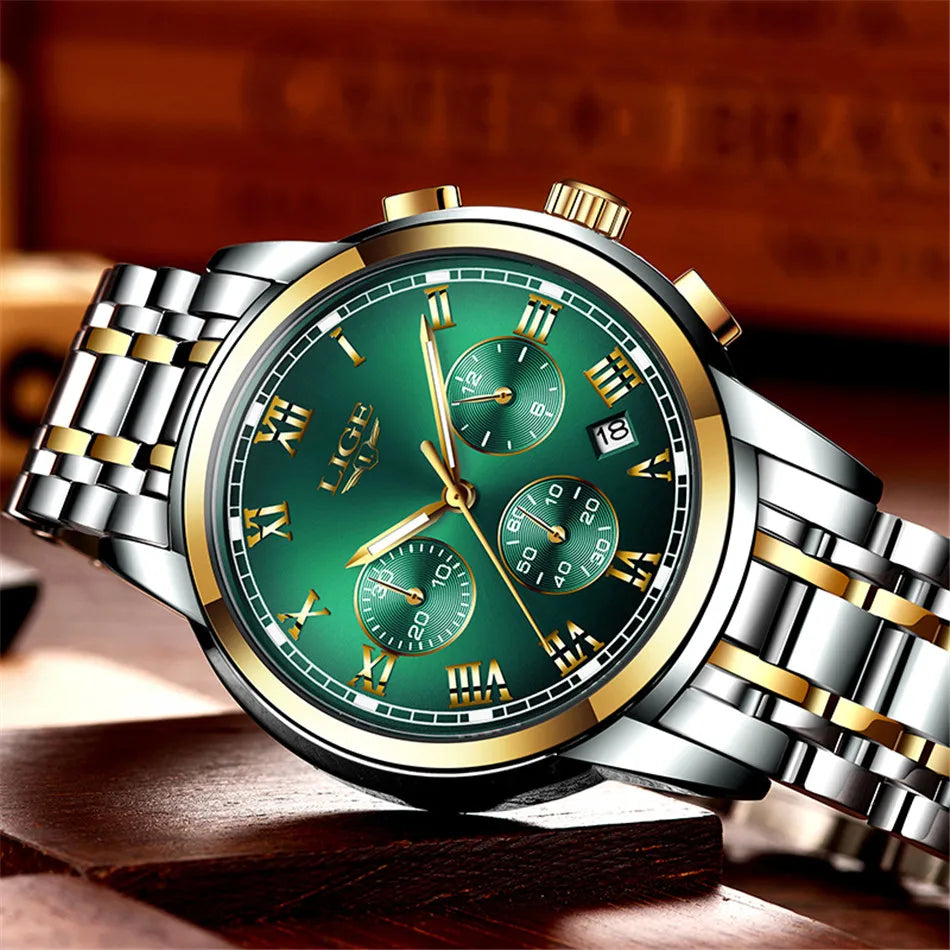 Reloj LIGE para hombre – cronógrafo deportivo de lujo, resistente al agua y acero inoxidable