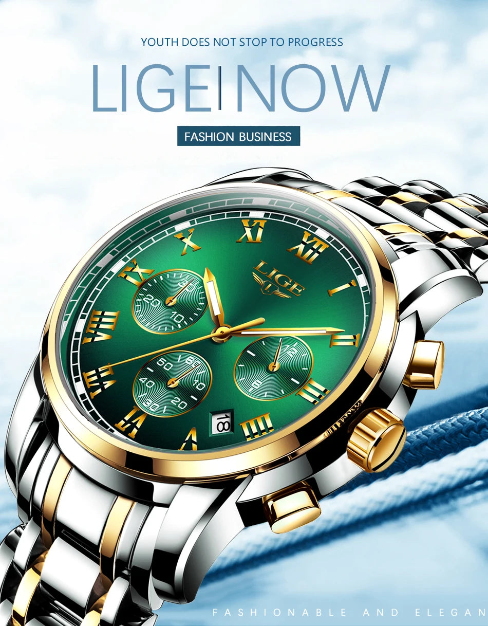 Reloj LIGE para hombre – cronógrafo deportivo de lujo, resistente al agua y acero inoxidable