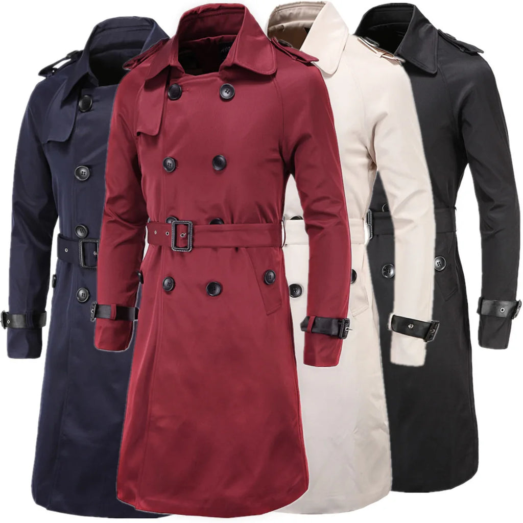 Trench coat largo con cinturón – cortaviento y doble botonadura para primavera y otoño