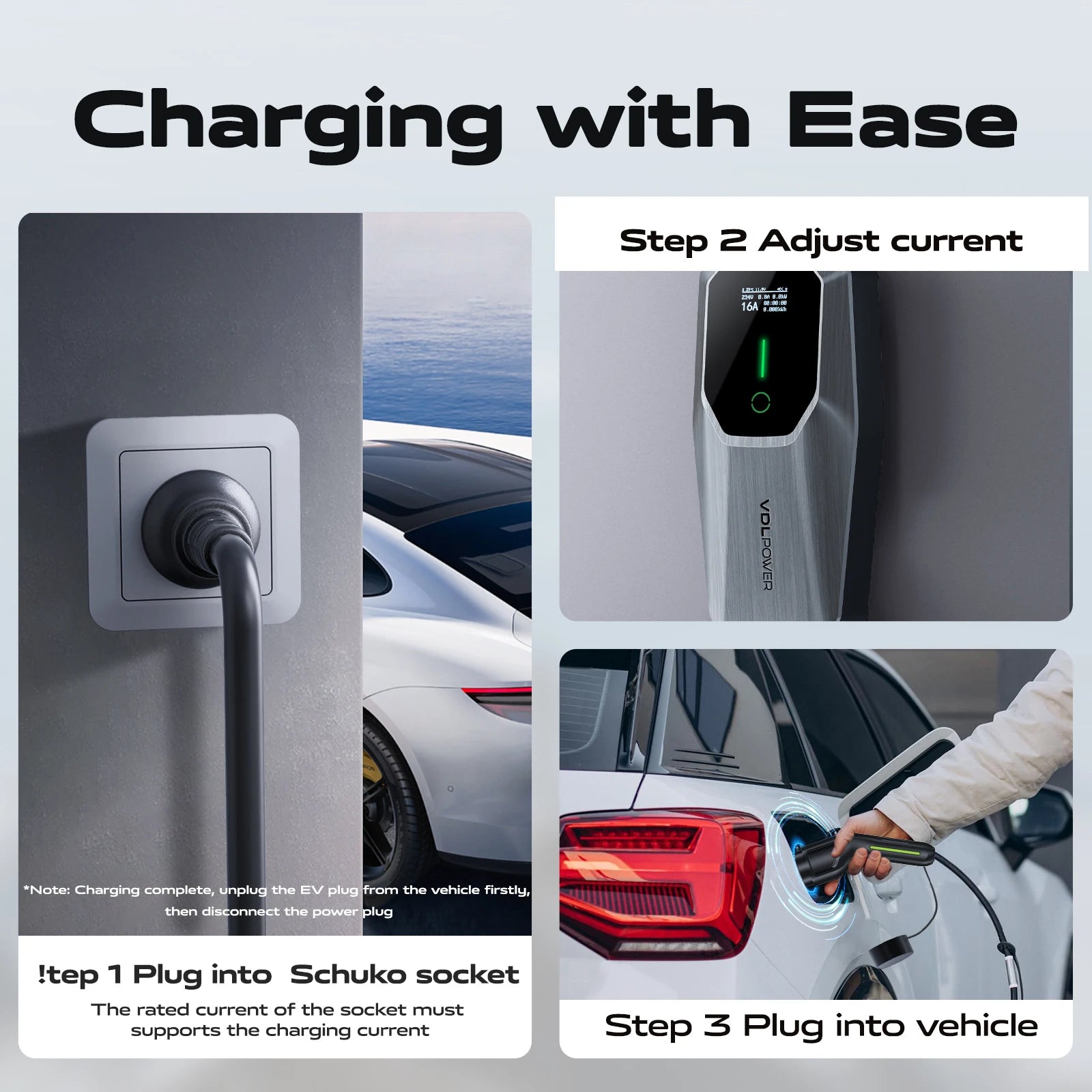 Cargador eléctrico VDL para auto – 3.6KW, Tipo 2 y corriente ajustable