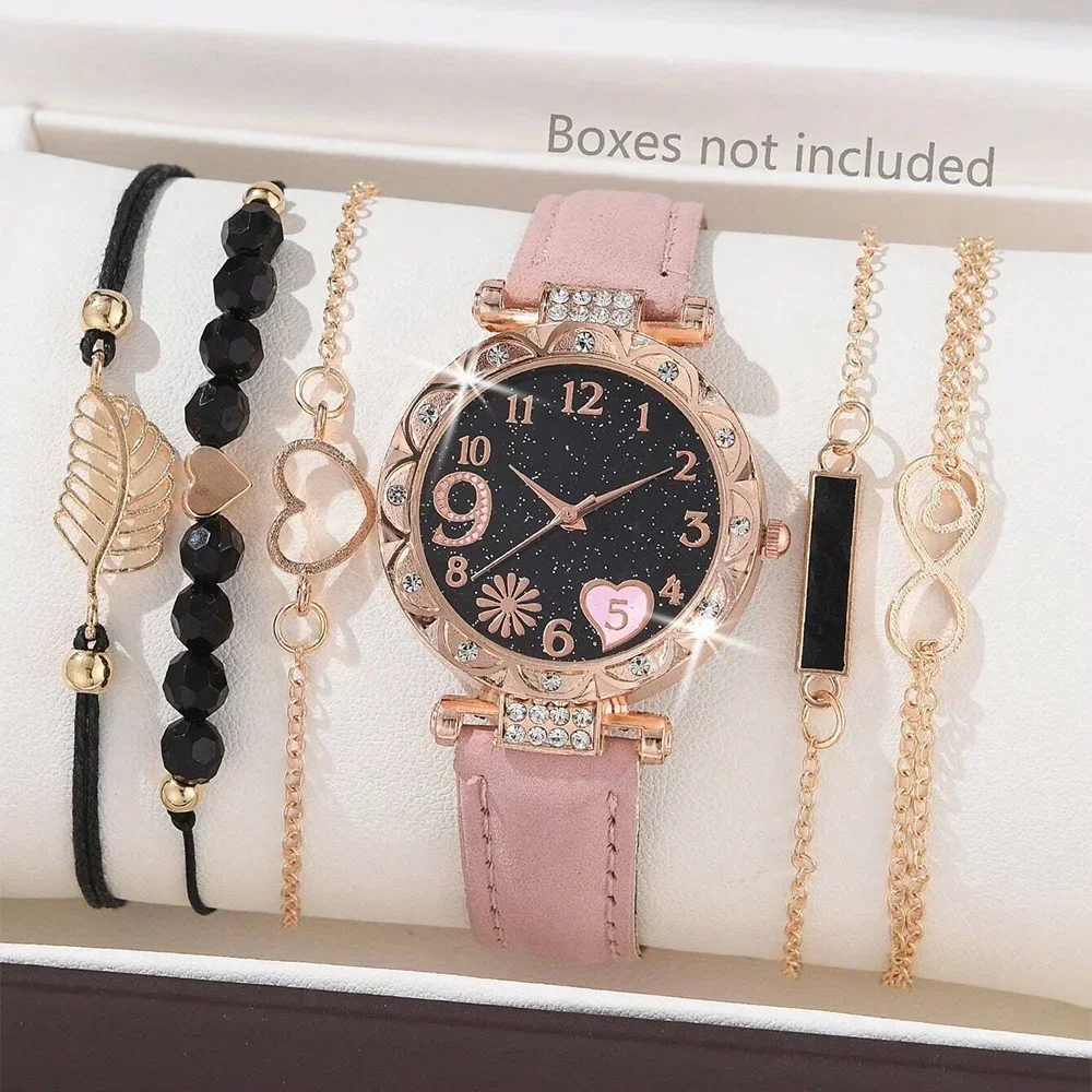 Set de relojes analógicos de cuero para mujer – 6 piezas de moda con cuarzo