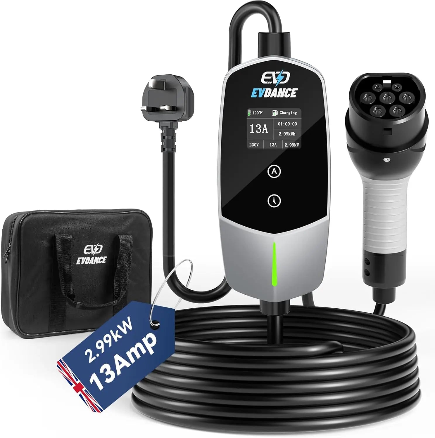 Cargador portátil EVDANCE EV – Tipo 2, enchufe UK 13A y 2.99KW ajustable