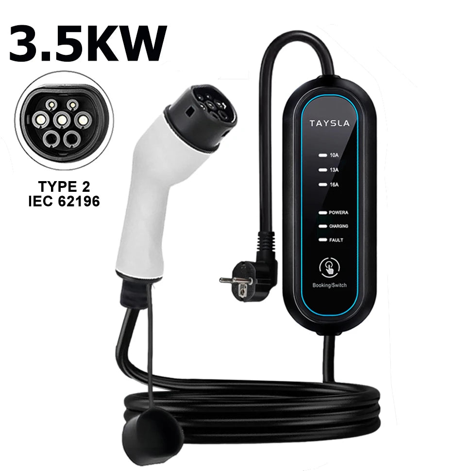 Cable cargador TAYSLA EV – Tipo 2, 16A, 3.5kW para vehículos eléctricos