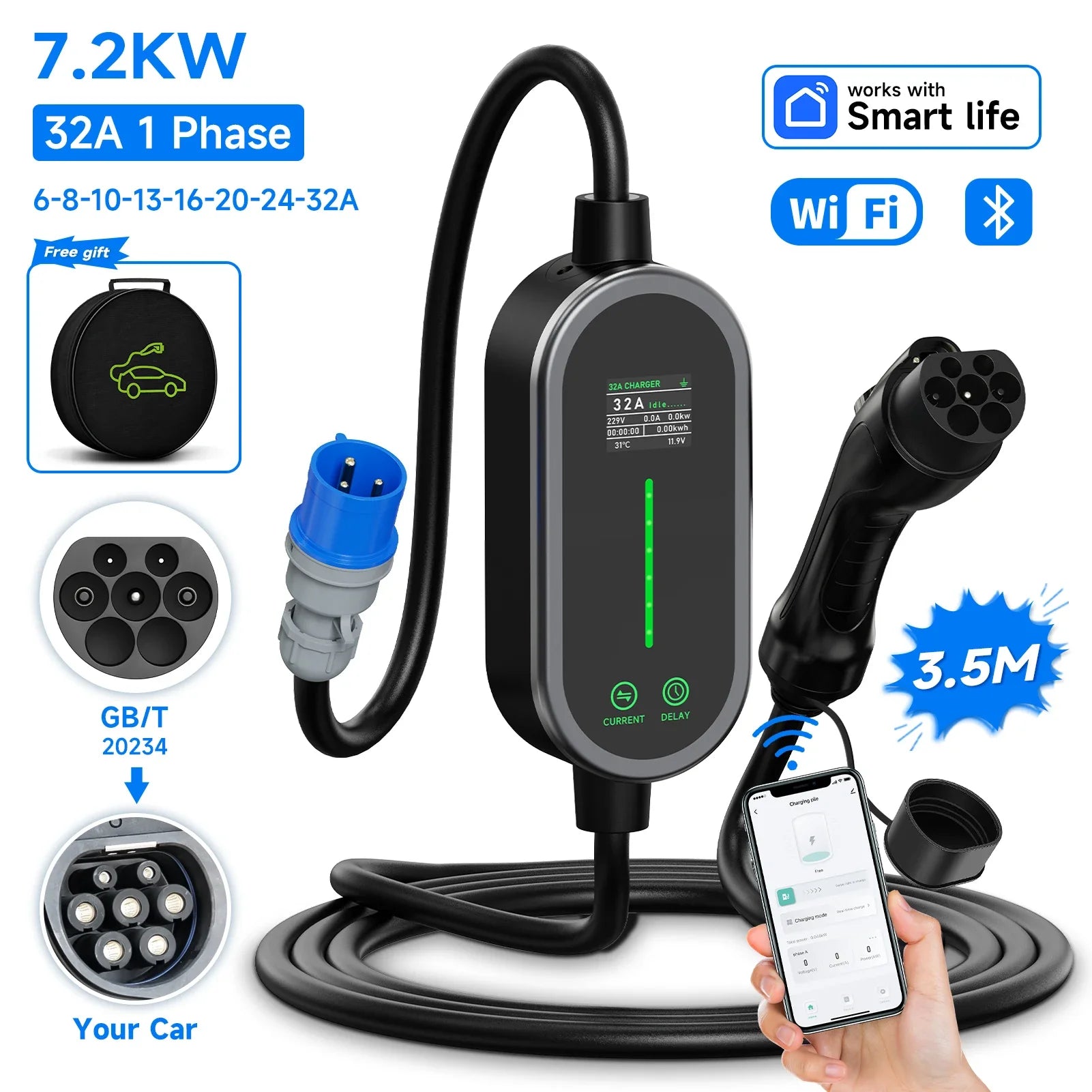 Cargador portátil AFEEV 7.2KW 32A – Tipo 2/Tipo 1 con control WiFi y Bluetooth