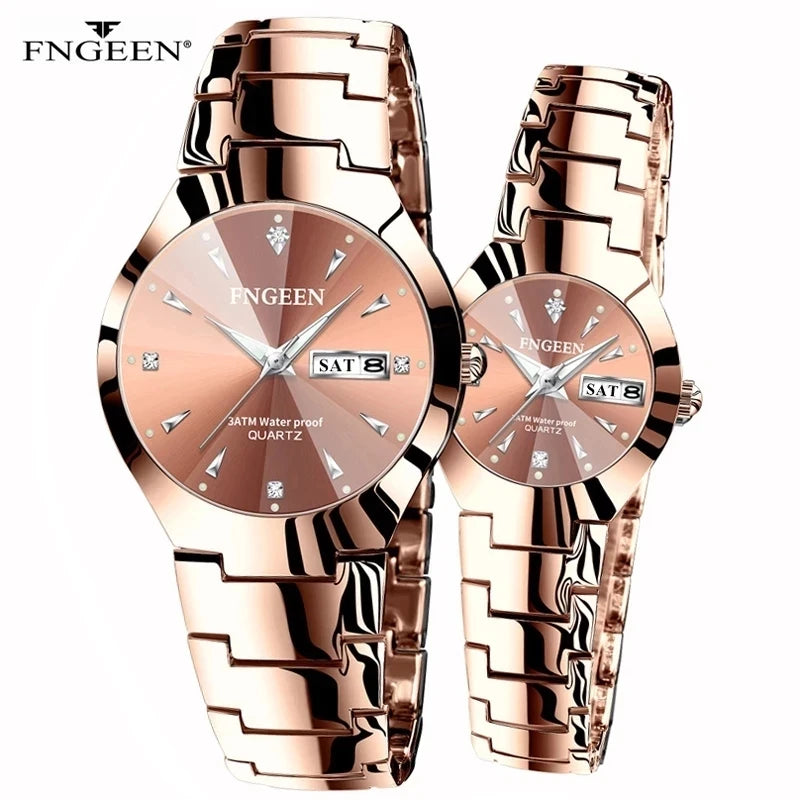 Set de relojes FNGEEN 5808 para parejas – cuarzo, lujo y resistente al agua