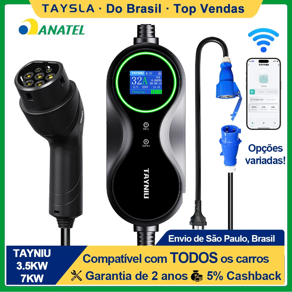 Cargador eléctrico para auto TAYNIU – portátil, 3.5KW/7KW, tipo 2 con cable de 5M para todos los EVs