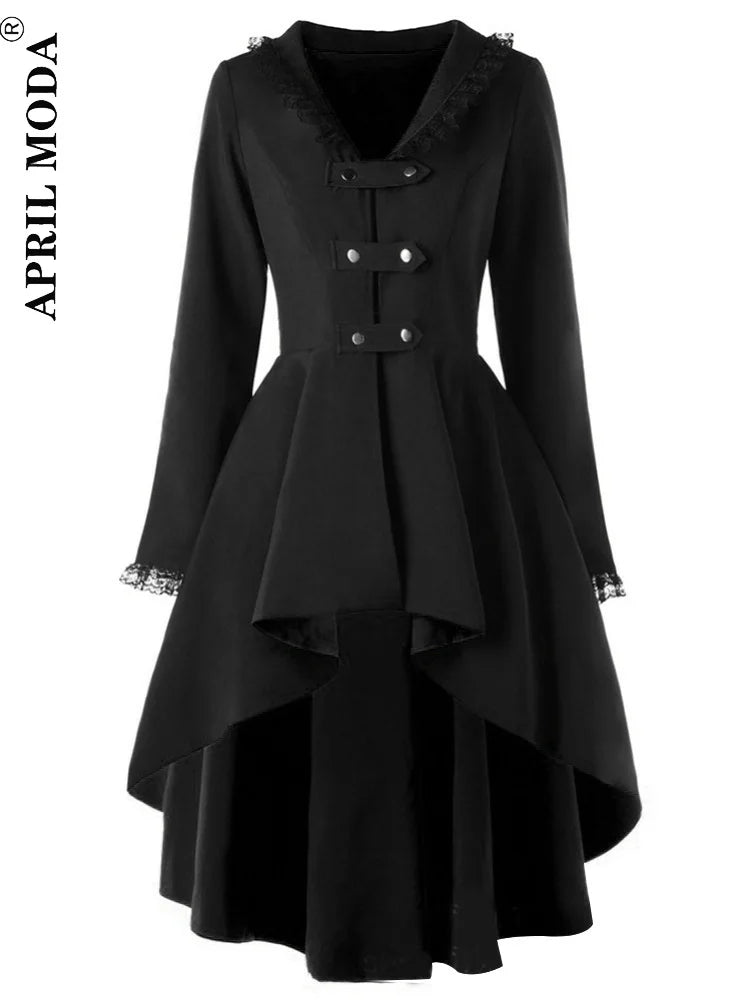 Abrigo mid-length mujer – trench asimétrico con encaje, patchwork y cinturón negro