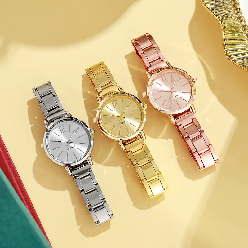 Reloj de lujo mujer – esfera redonda simple y pulsera dorada de acero inoxidable
