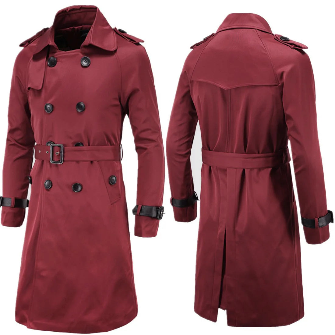 Trench coat largo con cinturón – cortaviento y doble botonadura para primavera y otoño