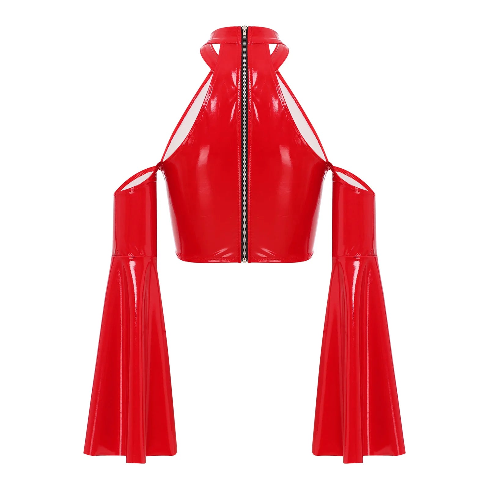 Crop top mujer – PU cuero brillante con diseño cut-out y cierre trasero