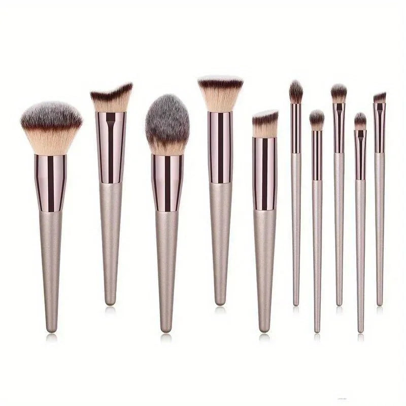 Set de 10 pinceles de maquillaje champagne dorado – profesional para rostro y ojos