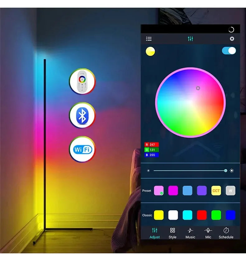 Lámpara de pie Tuya RGB – 160cm, control remoto y ambiente moderno