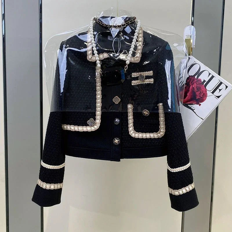 Blazer mujer de tweed grueso – chaqueta elegante con cuello clásico y contraste de colores