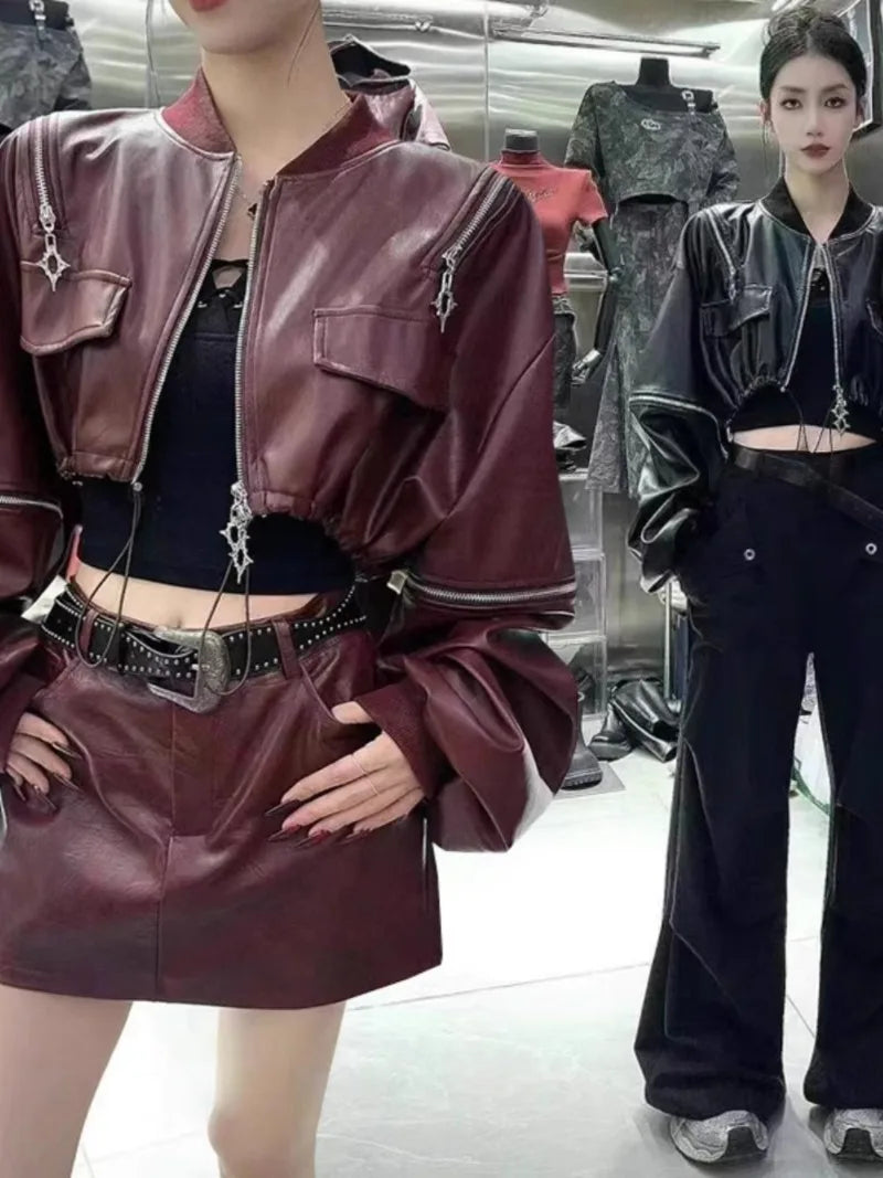 Chaqueta mujer de cuero PU – abrigo suelto con cierre para otoño e invierno