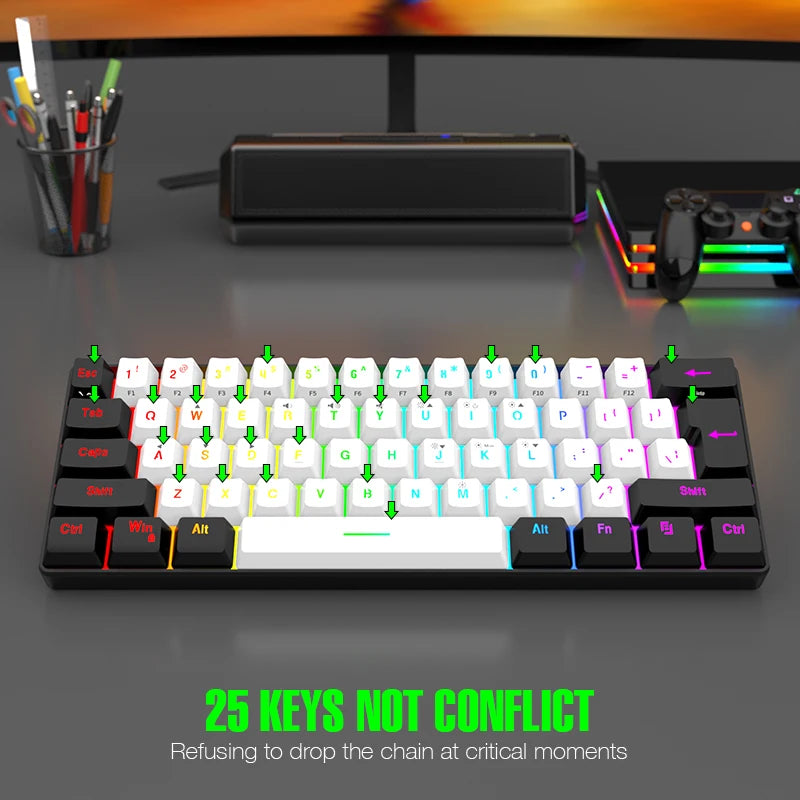 Teclado mecánico compacto 60% – 61 teclas, switches rojos y retroiluminación RGB