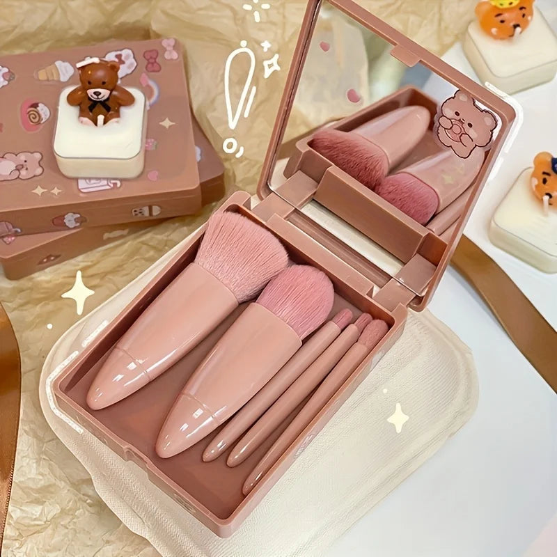 Set portátil de 5 pinceles de maquillaje con espejo – kit plegable de viaje