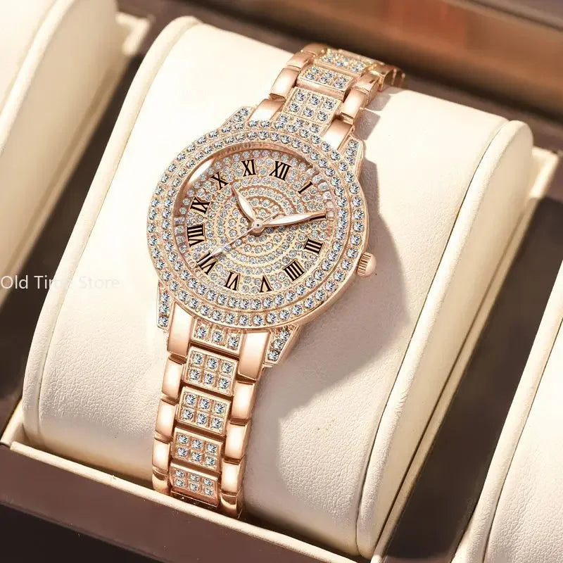 Reloj mujer clásico de lujo – esfera redonda con cristales y correa de aleación dorada