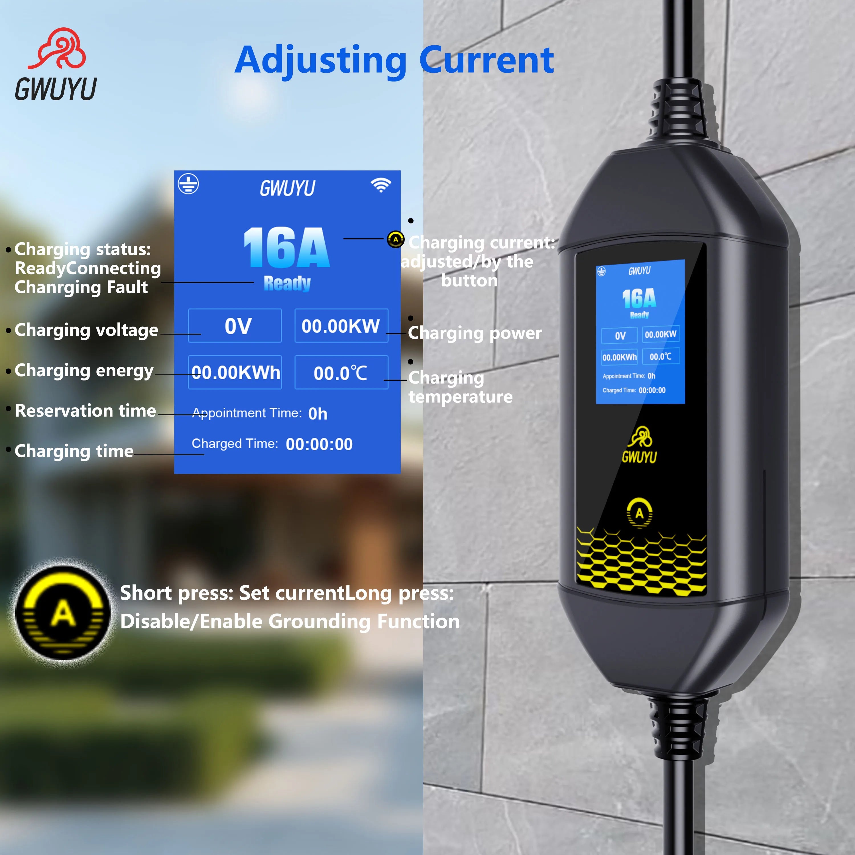 Cargador eléctrico portátil GWUYU 3500W – Tipo 2 con cable de 4M para EV