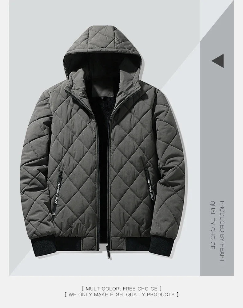 Campera acolchada hombre con capucha – texturizada en rombos, casual y talles grandes
