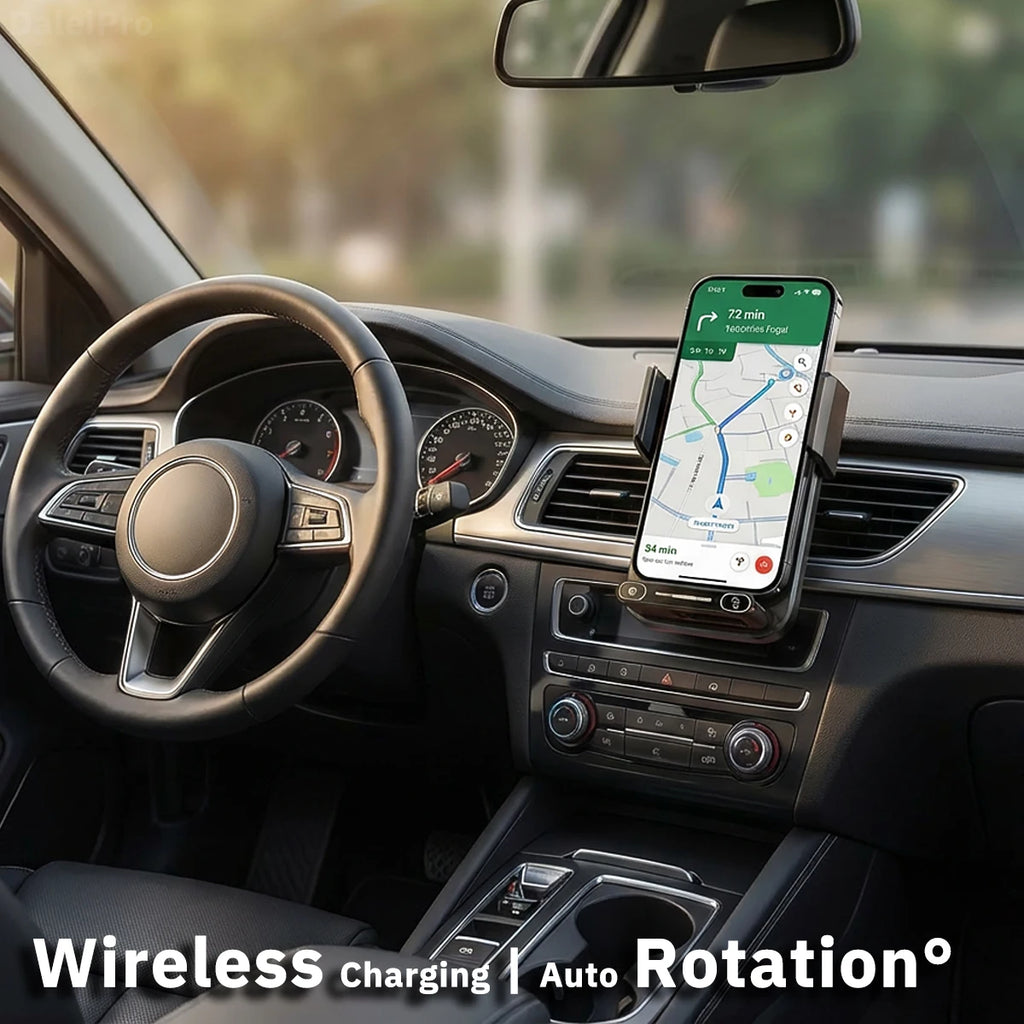 Cargador y soporte para auto – inalámbrico 15W y con cable, rotación y sensor automático