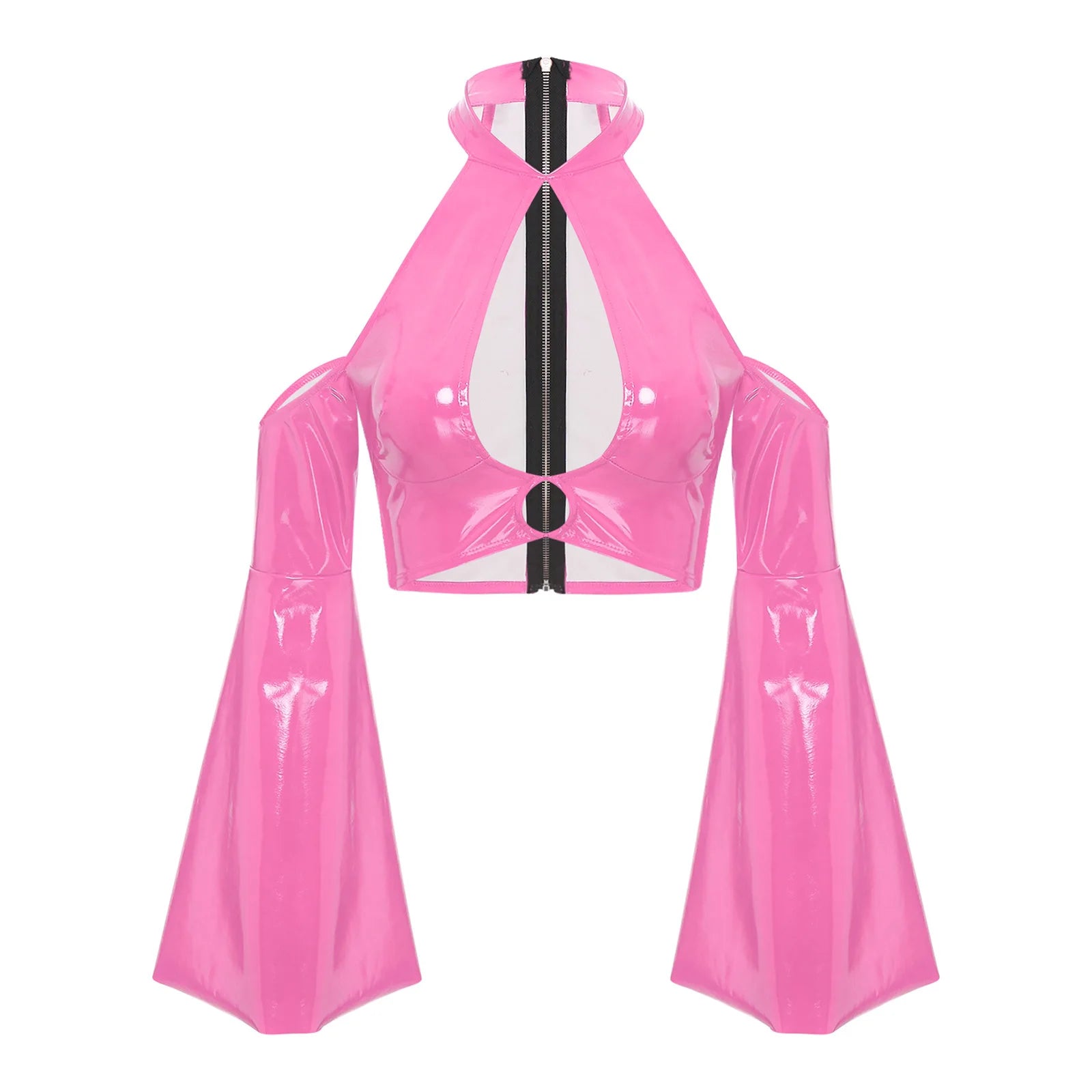 Crop top mujer – PU cuero brillante con diseño cut-out y cierre trasero