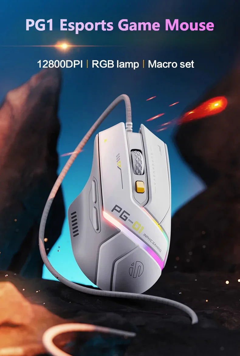 Mouse gaming Inphic PG1 con cable – iluminación RGB y diseño ergonómico