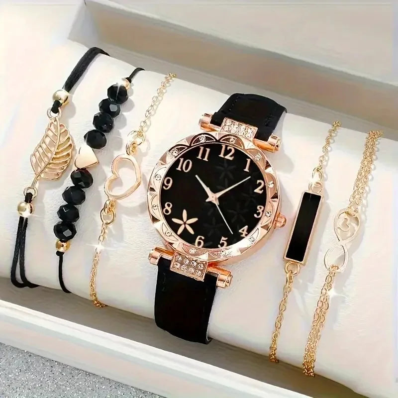 Set de relojes analógicos de cuero para mujer – 6 piezas de moda con cuarzo