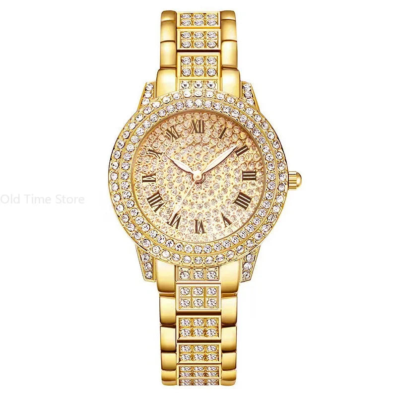 Reloj mujer clásico de lujo – esfera redonda con cristales y correa de aleación dorada