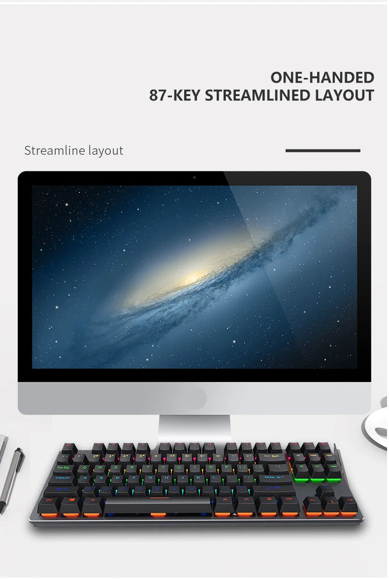 Teclado mecánico gamer retroiluminado – USB, compacto y ergonómico