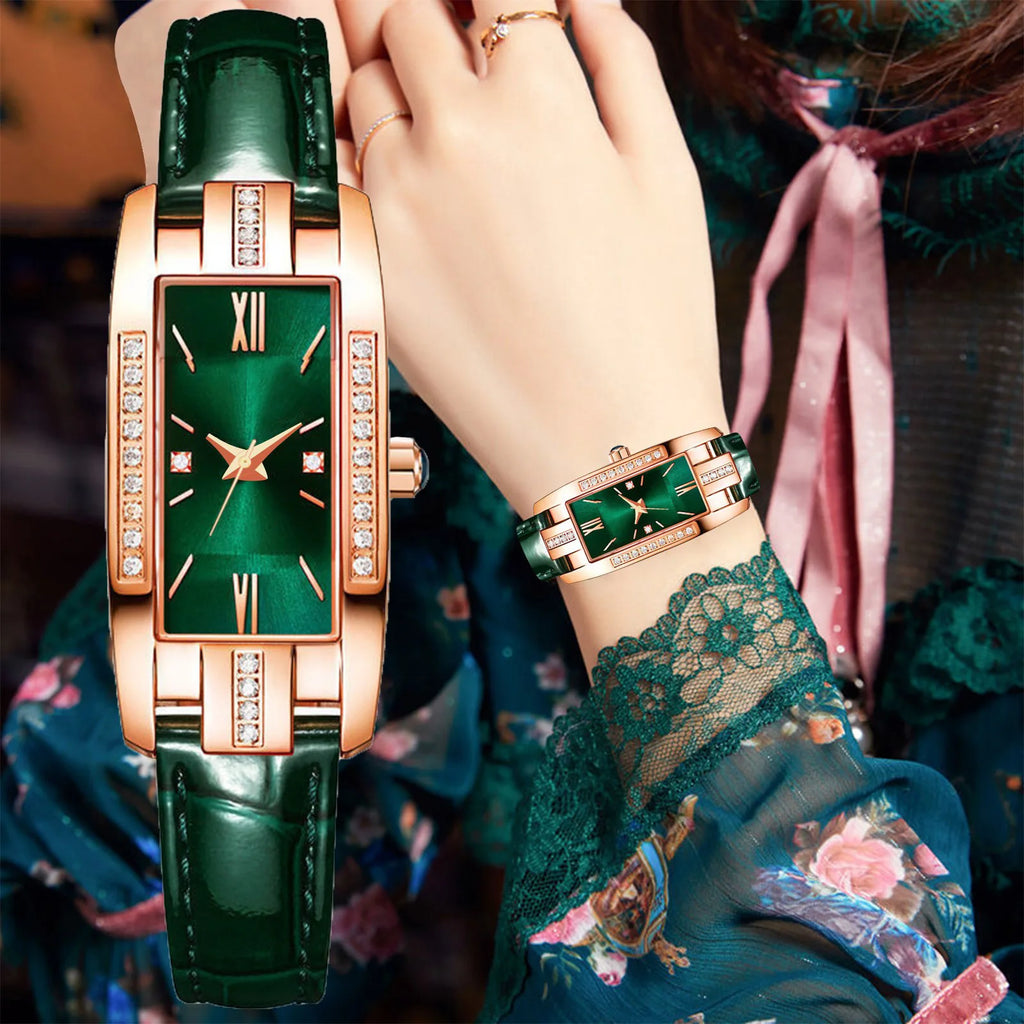 Reloj mujer lujo – diseño rectangular pequeño con cristales verdes y correa de cuero