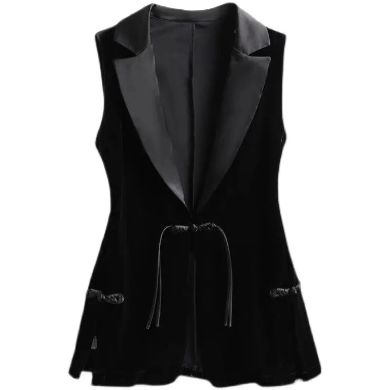 Chaleco blazer mujer – terciopelo negro, sin mangas y estilo retro