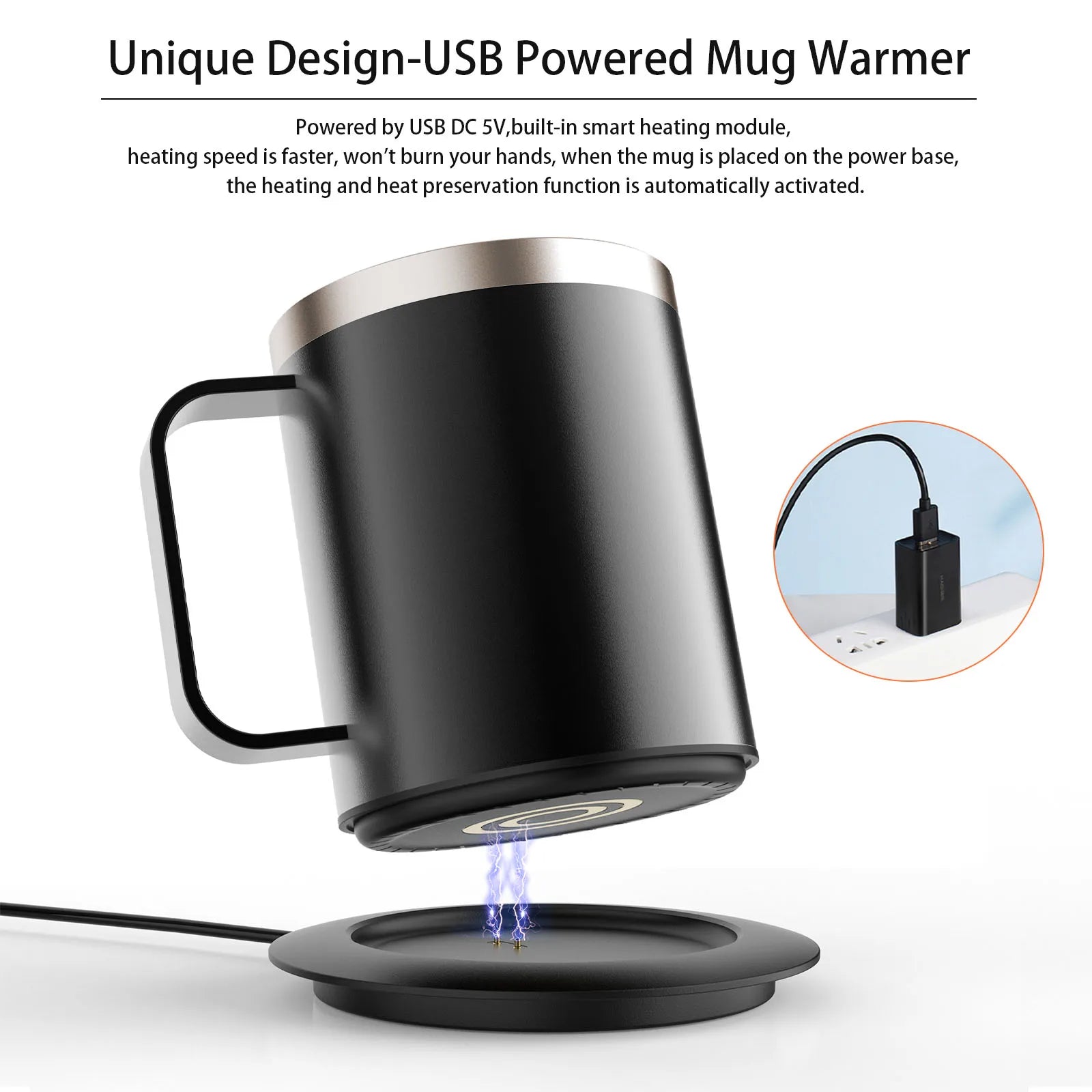 Taza Autocalentable 12oz - USB Eléctrica - Calentamiento 55-65°C - Taza de Viaje Inteligente - Doble Capa - Grado Alimenticio - Calentador de Taza