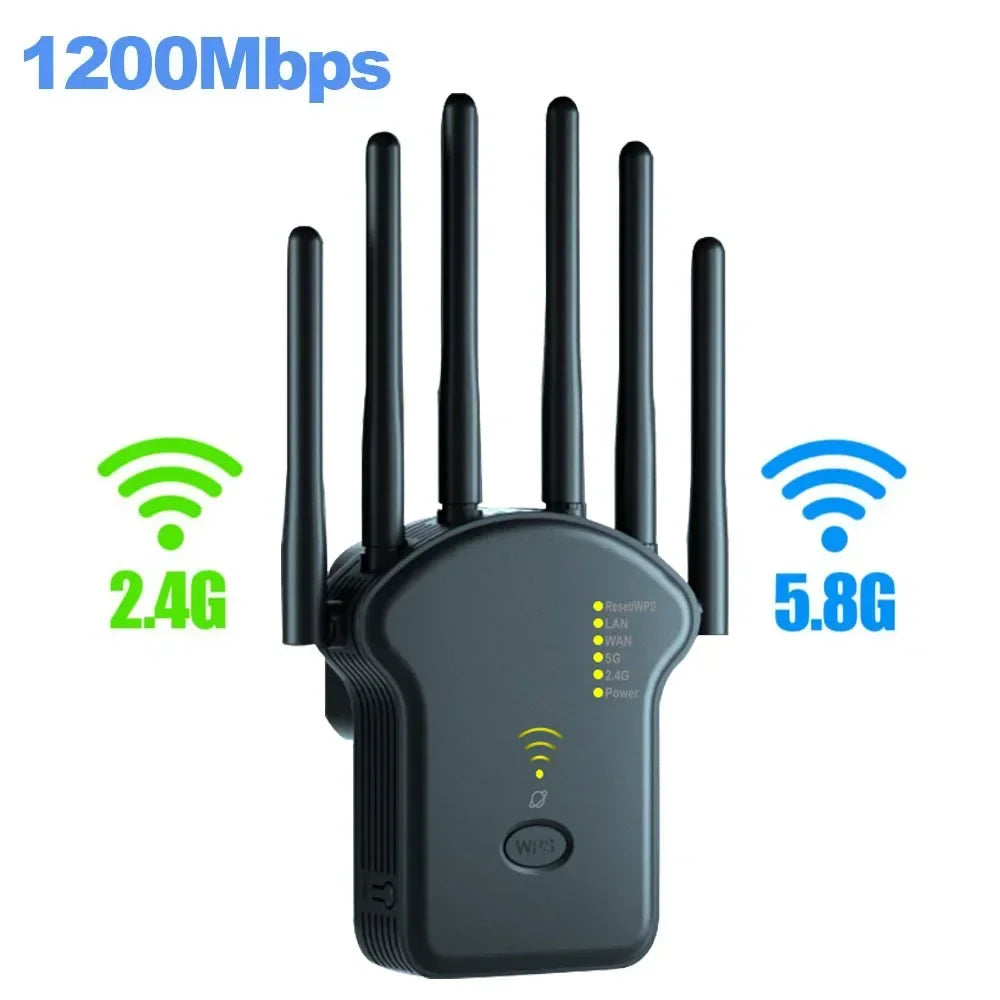 Repetidor WiFi inalámbrico 1200Mbps – dual band 2.4G/5G con antena y extensor