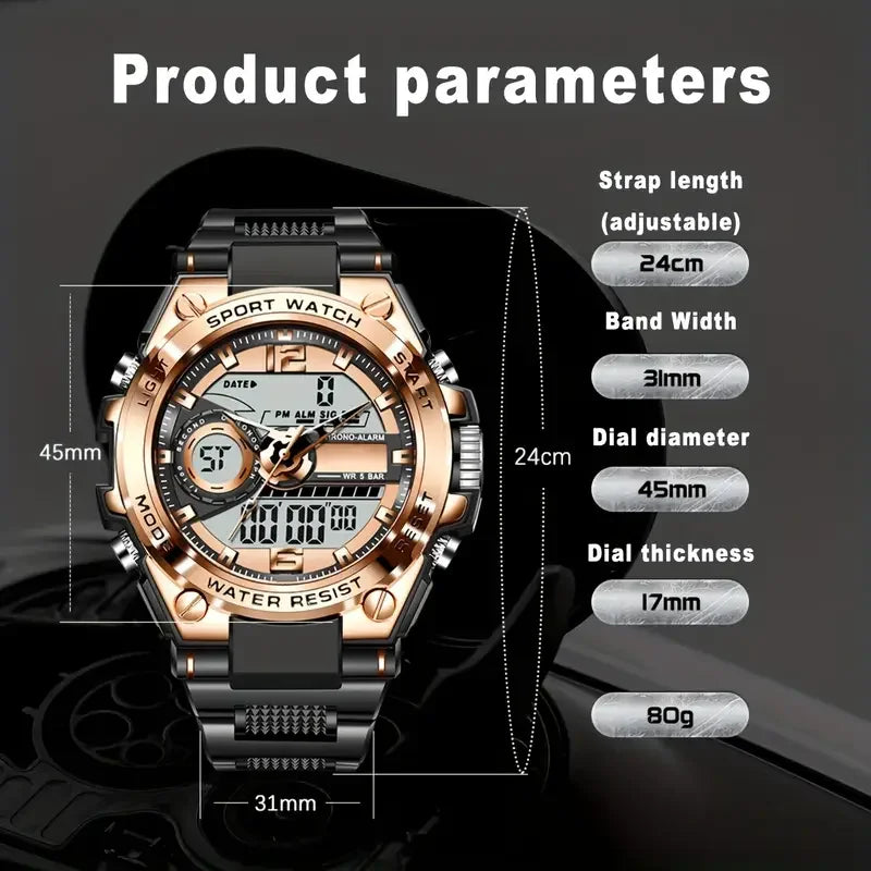 Reloj militar digital para hombre – acero, LED y cuarzo deportivo