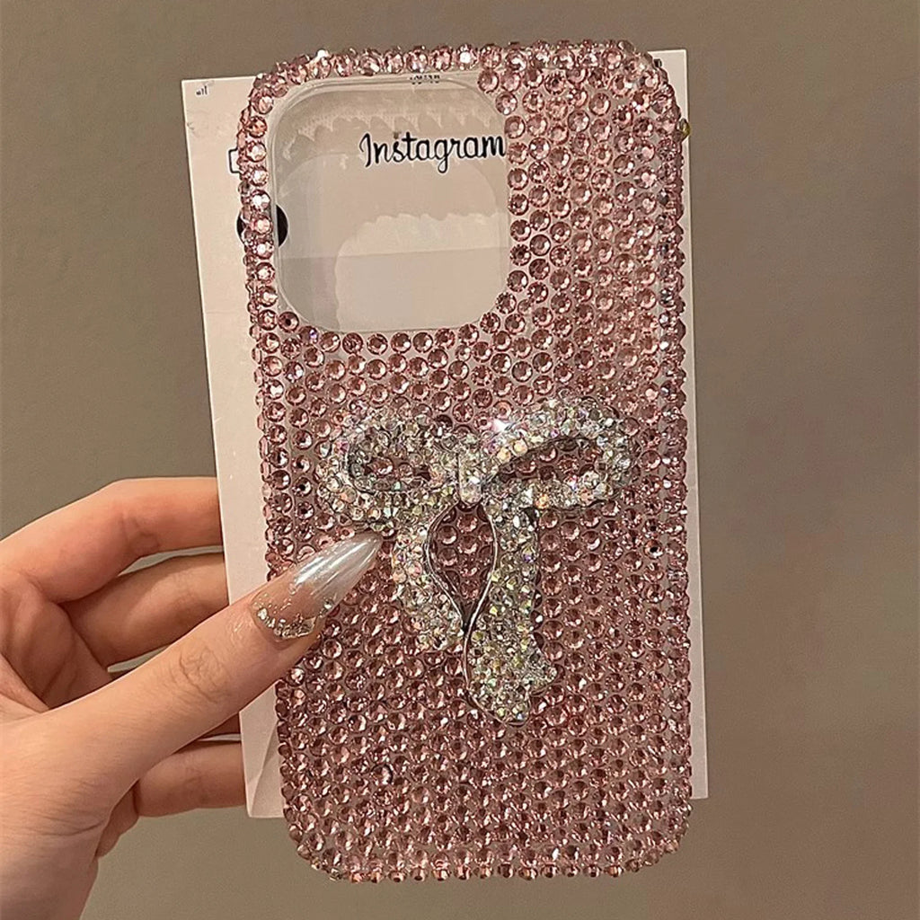 Funda full diamond con lazo para iPhone – protección brillante y adorable