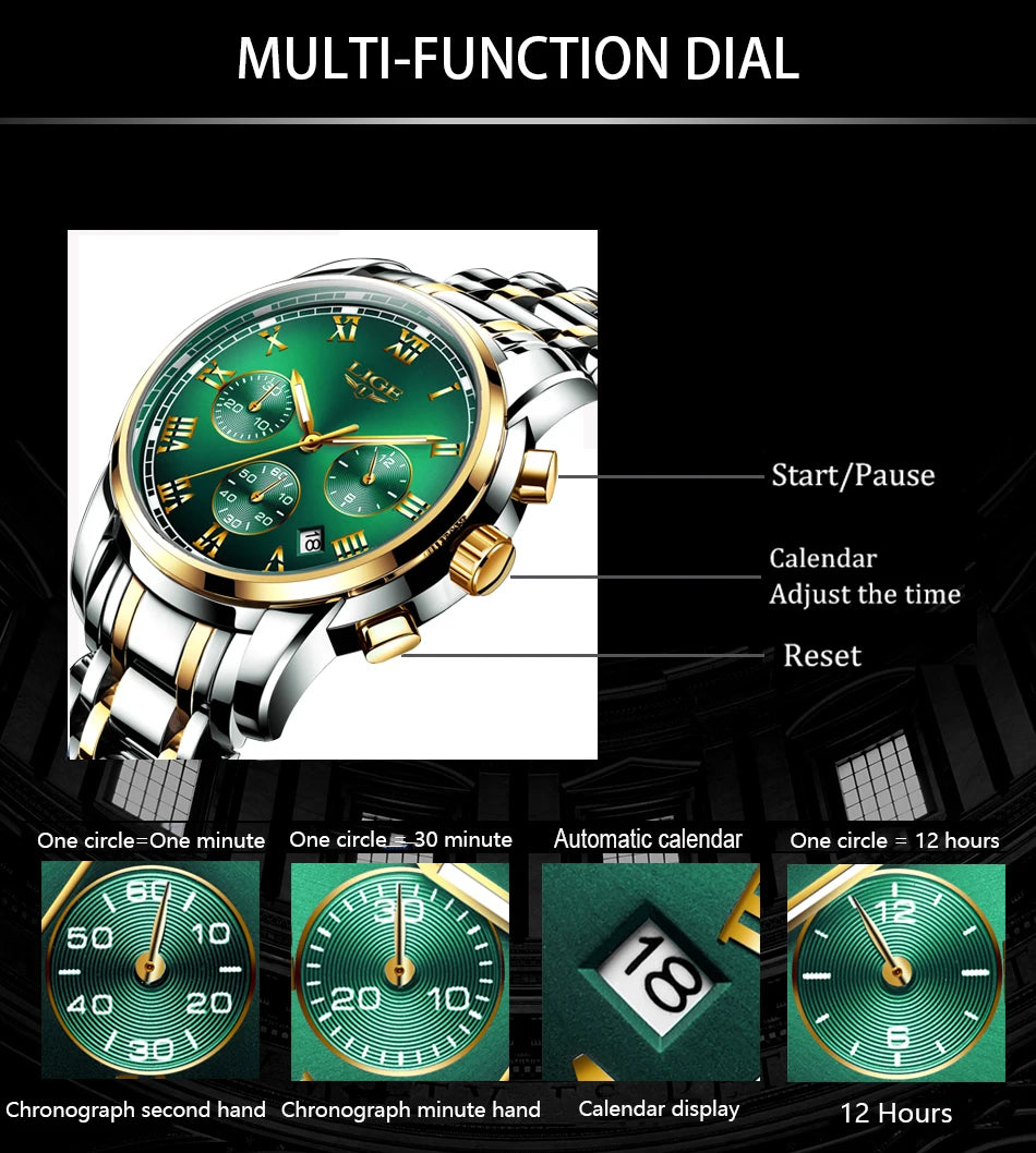 Reloj LIGE para hombre – cronógrafo deportivo de lujo, resistente al agua y acero inoxidable