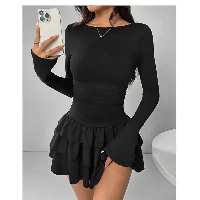 Vestido mini mujer – bodycon francés elegante con plisado y manga larga