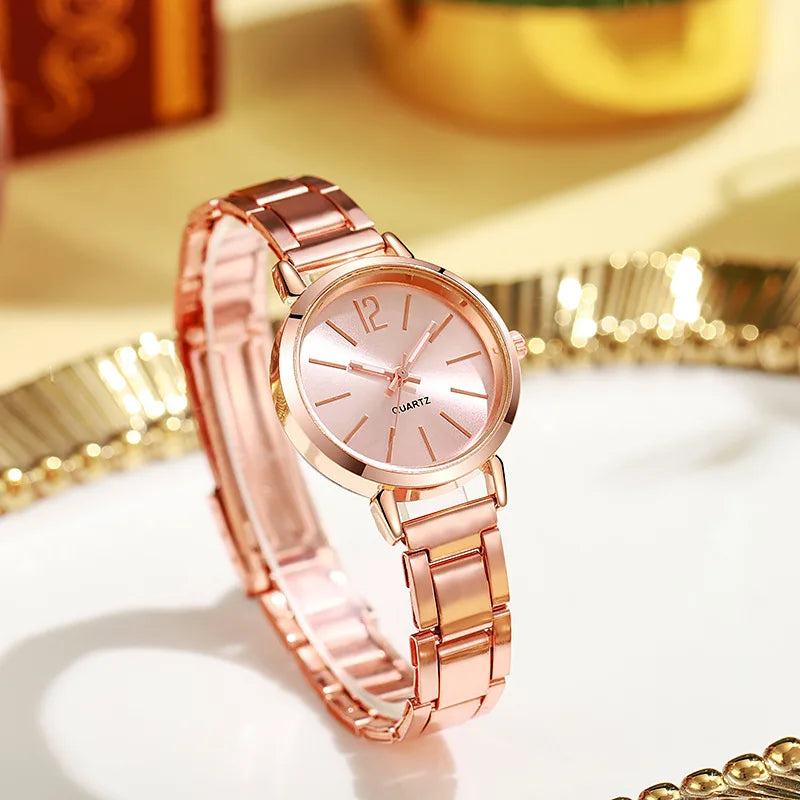 Reloj de lujo mujer – esfera redonda simple y pulsera dorada de acero inoxidable
