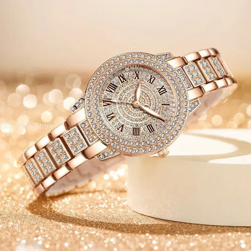 Reloj mujer clásico de lujo – esfera redonda con cristales y correa de aleación dorada