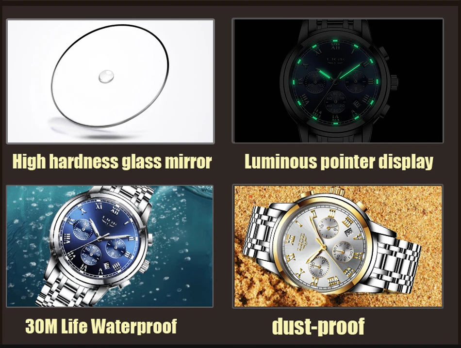 Reloj LIGE para hombre – cronógrafo deportivo de lujo, resistente al agua y acero inoxidable