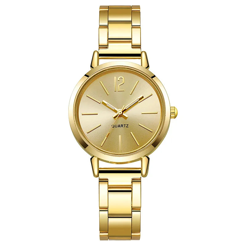 Reloj de lujo mujer – esfera redonda simple y pulsera dorada de acero inoxidable