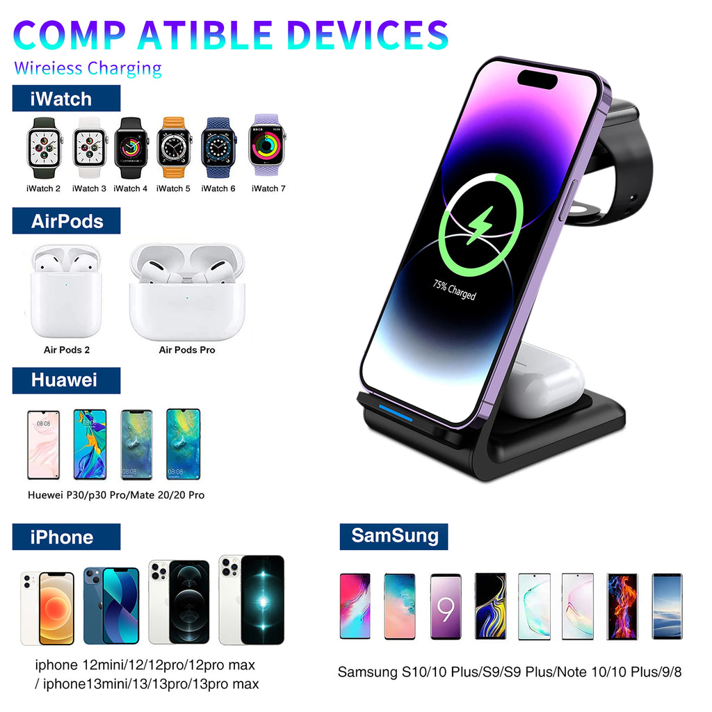 Estación de carga inalámbrica 3 en 1 – soporte para múltiples dispositivos iPhone 12 a 17 Pro Max